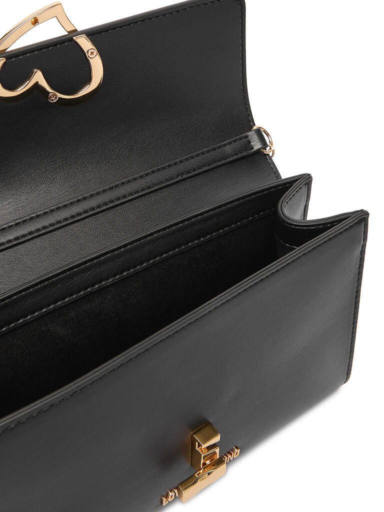 Black Faux Leather Crossbody Bag with Heart Detail