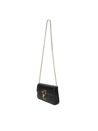 Black Faux Leather Crossbody Bag with Heart Detail
