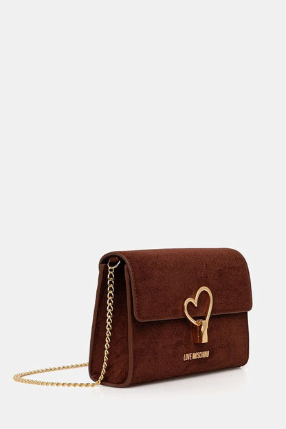 Brown Suede Crossbody Bag with Heart Clasp
