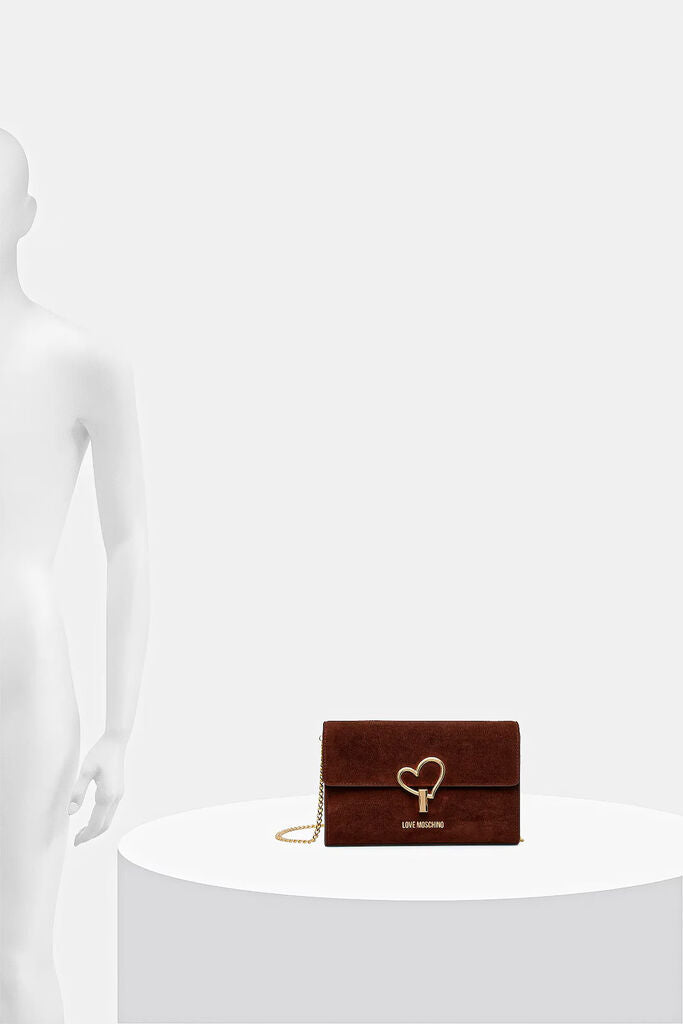 Brown Suede Crossbody Bag with Heart Clasp