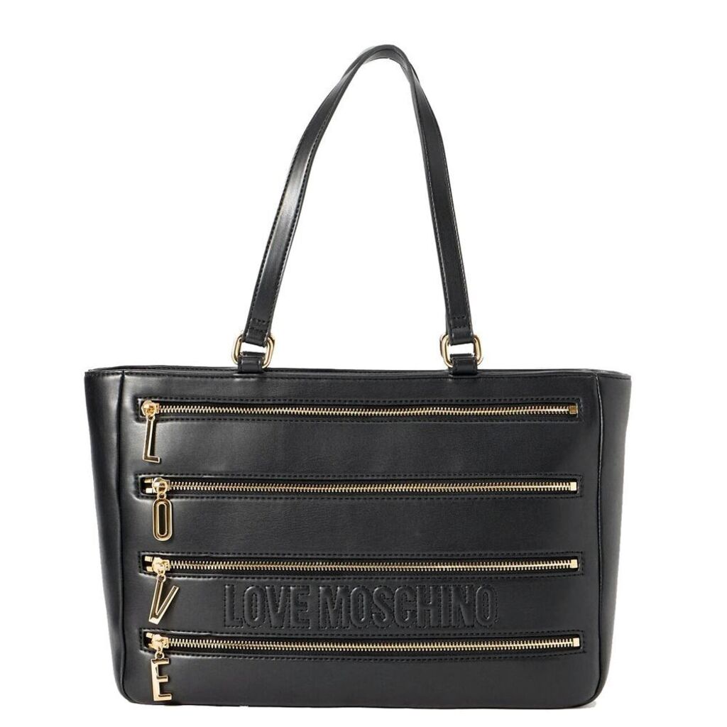Black Embossed Tote Bag with Gold Zipper Accents