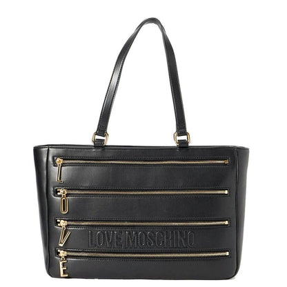 Black Embossed Tote Bag with Gold Zipper Accents