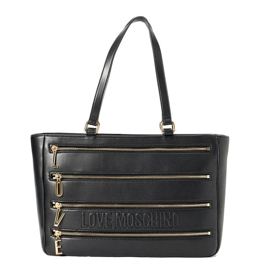 Black Embossed Tote Bag with Gold Zipper Accents