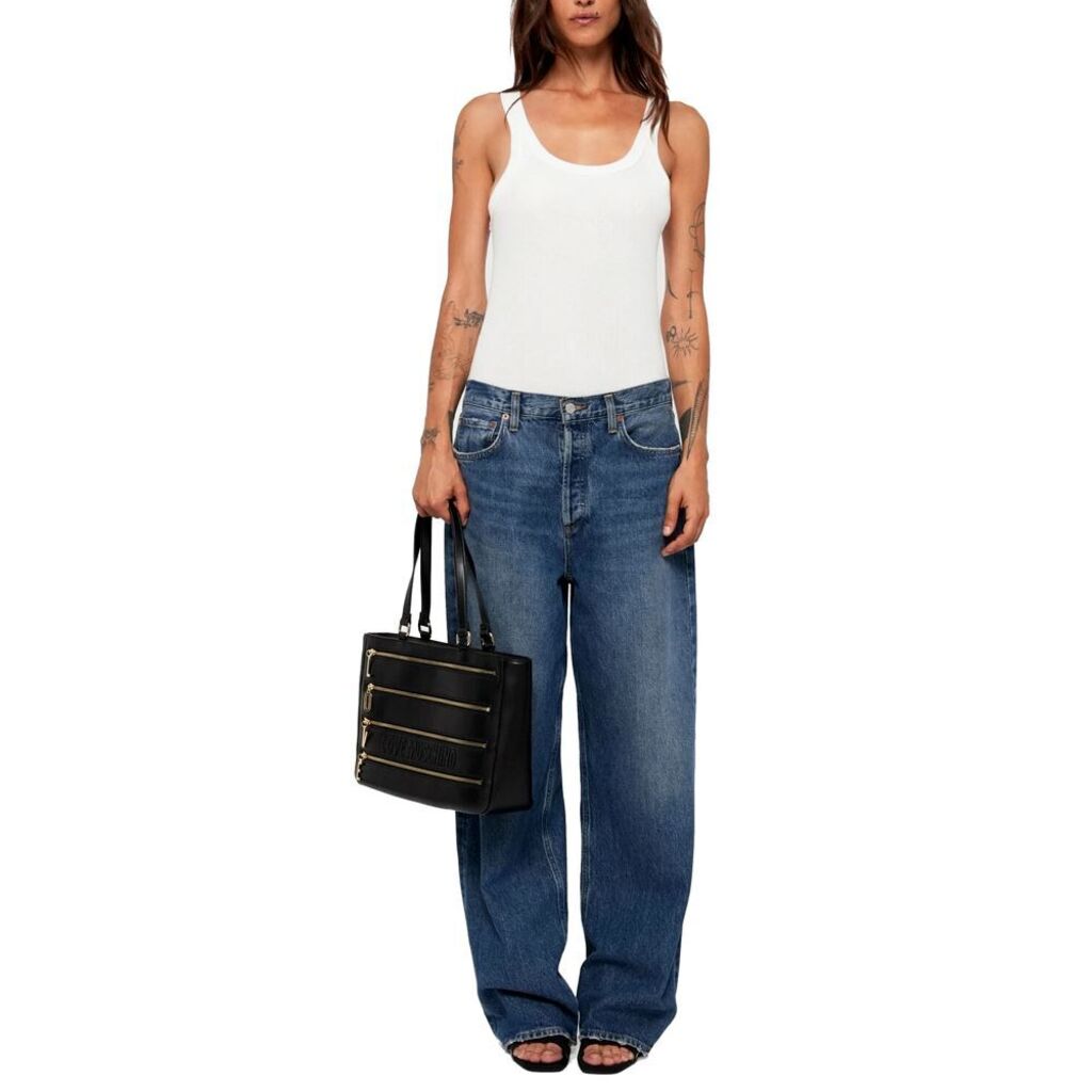 Black Embossed Tote Bag with Gold Zipper Accents