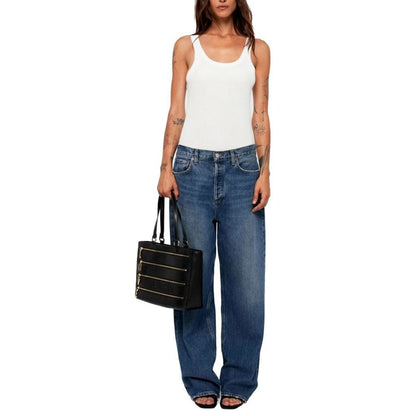 Black Embossed Tote Bag with Gold Zipper Accents