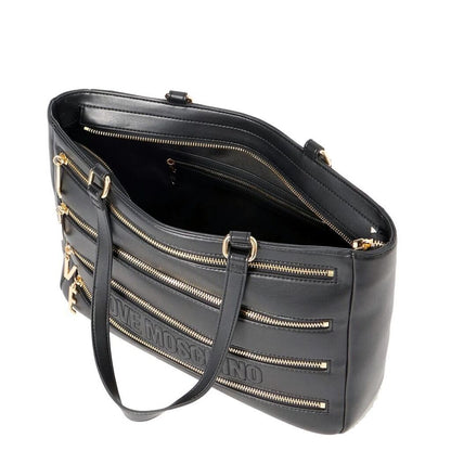 Black Embossed Tote Bag with Gold Zipper Accents