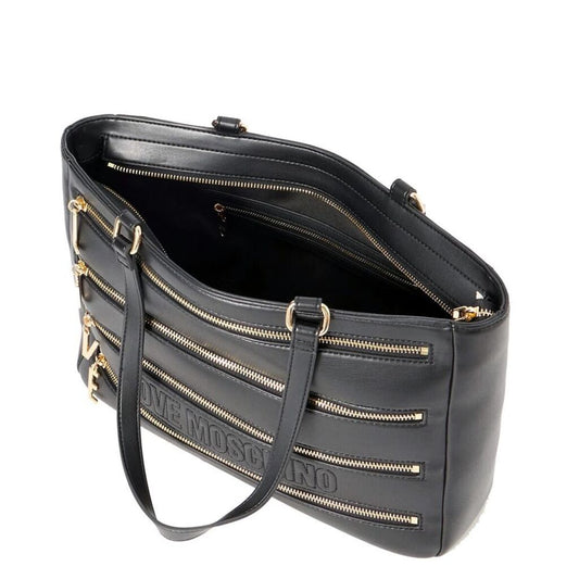 Black Embossed Tote Bag with Gold Zipper Accents
