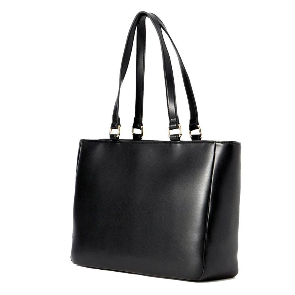 Black Embossed Tote Bag with Gold Zipper Accents