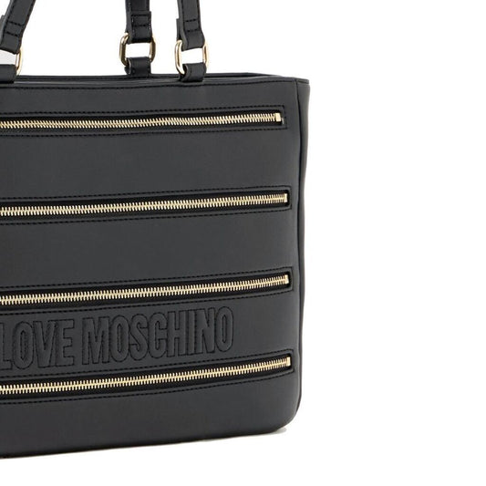 Black Embossed Tote Bag with Gold Zipper Accents