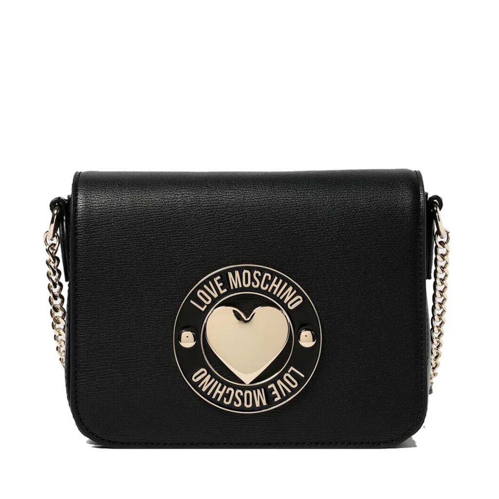 Black Textured Crossbody Bag with Gold Heart Detail