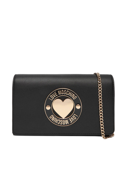 Black Faux Leather Crossbody Bag with Heart Plaque