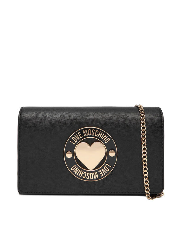 Black Faux Leather Crossbody Bag with Heart Plaque