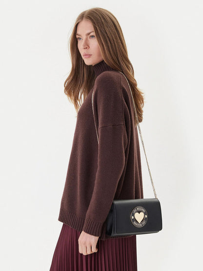 Black Faux Leather Crossbody Bag with Heart Plaque