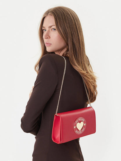 Red Faux Leather Shoulder Bag with Gold Heart Accent
