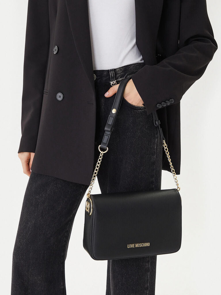 Black Faux Leather Shoulder Bag with Chain Strap