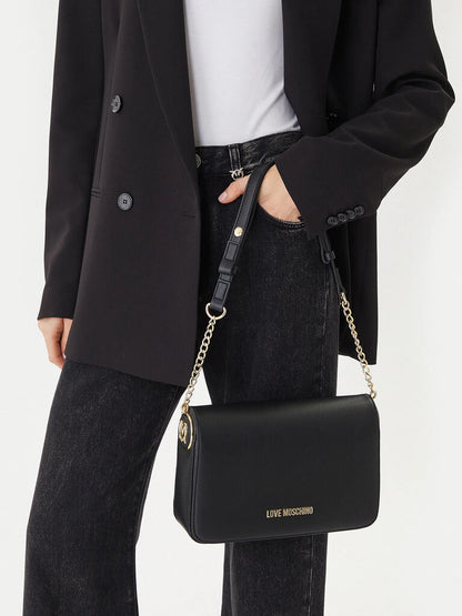 Black Faux Leather Shoulder Bag with Chain Strap