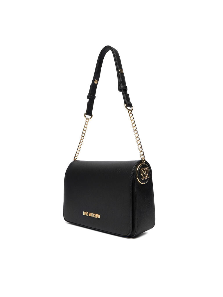 Black Faux Leather Shoulder Bag with Chain Strap