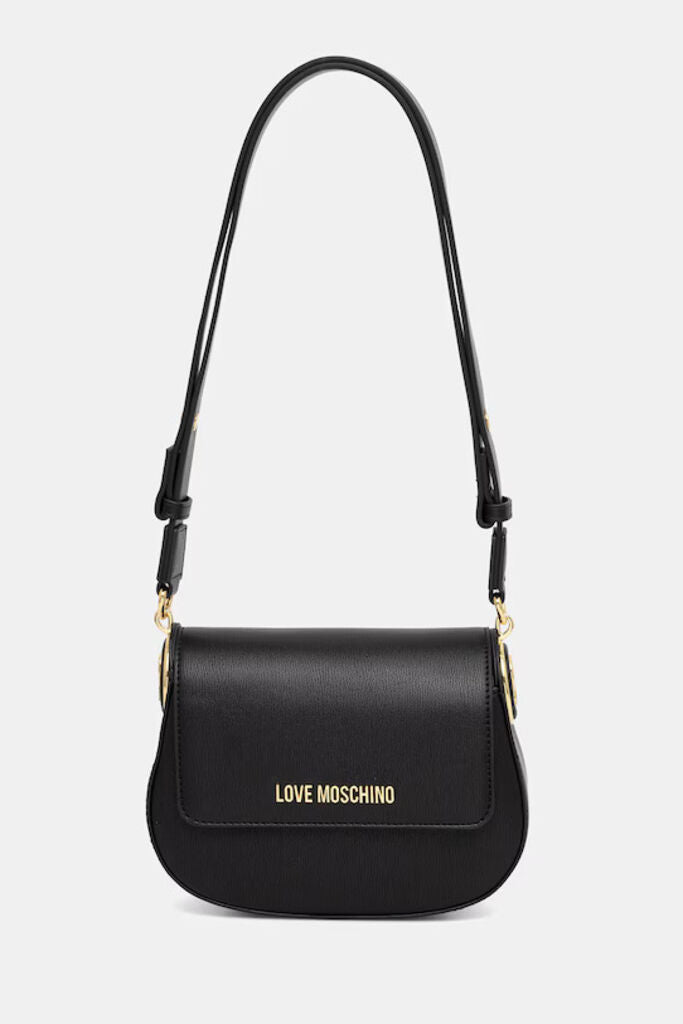 Black Faux Leather Shoulder Bag with Gold Accents