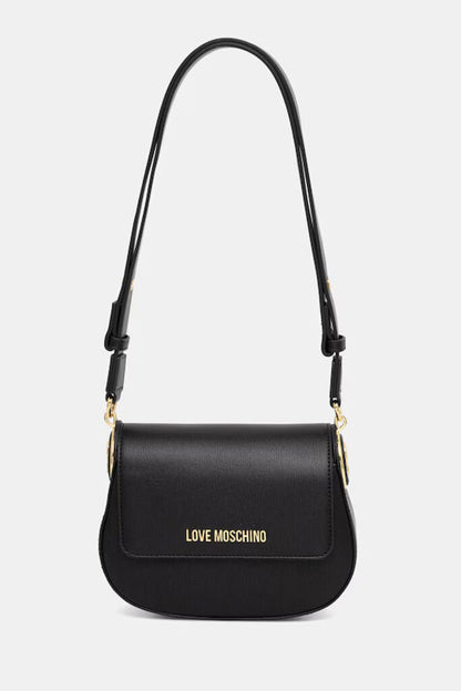 Black Faux Leather Shoulder Bag with Gold Accents