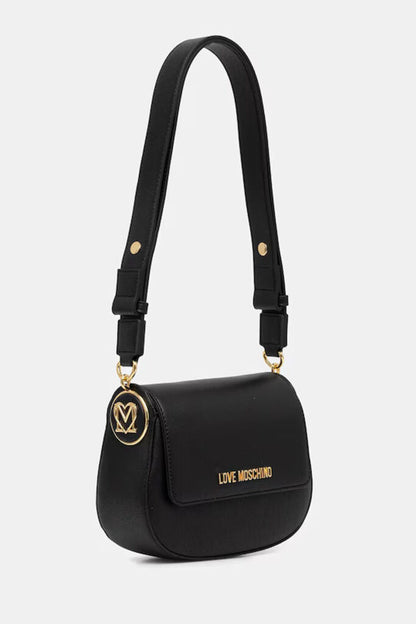 Black Faux Leather Shoulder Bag with Gold Accents