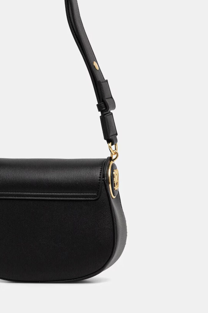 Black Faux Leather Shoulder Bag with Gold Accents