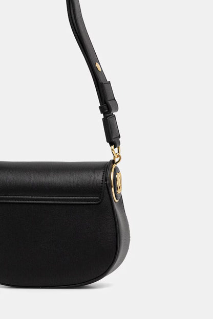 Black Faux Leather Shoulder Bag with Gold Accents