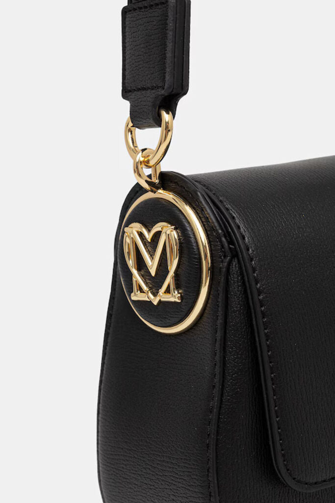 Black Faux Leather Shoulder Bag with Gold Accents