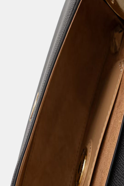 Black Faux Leather Shoulder Bag with Gold Accents