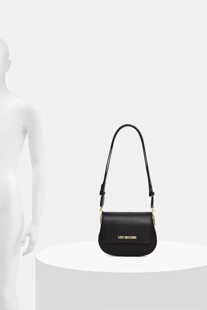 Black Faux Leather Shoulder Bag with Gold Accents