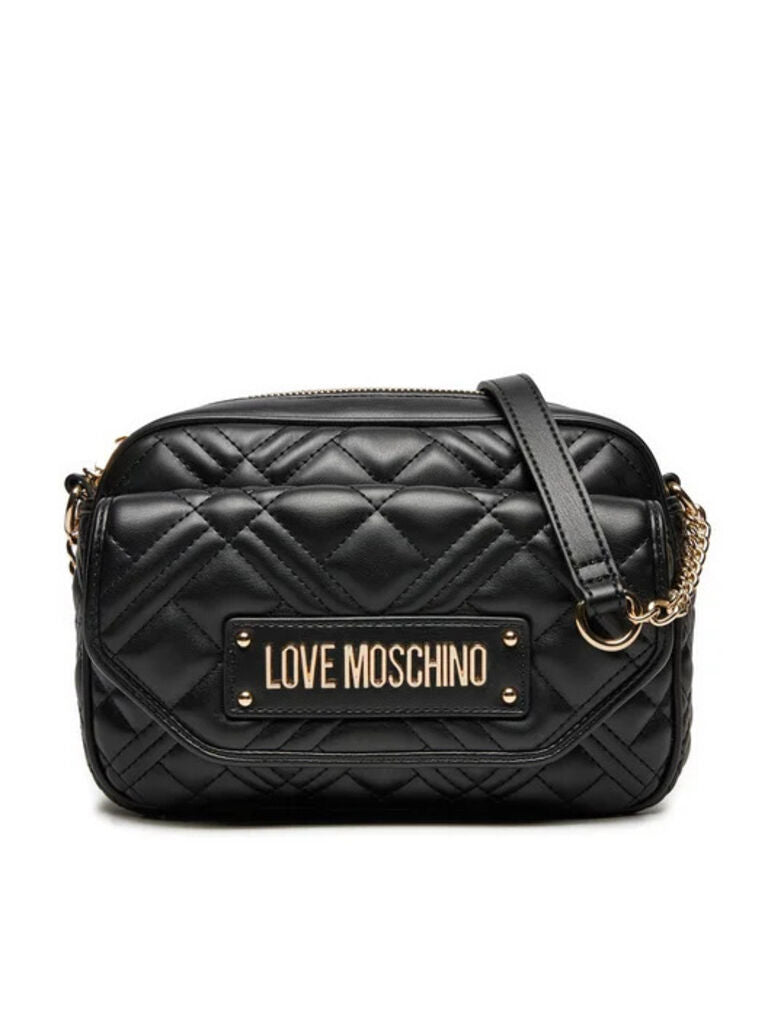 Black Faux Leather Shoulder Bag with Gold Accents