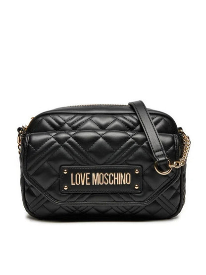 Black Faux Leather Shoulder Bag with Gold Accents