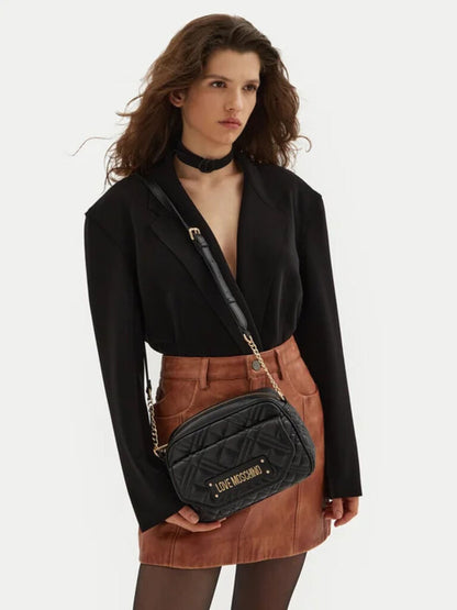 Black Faux Leather Shoulder Bag with Gold Accents