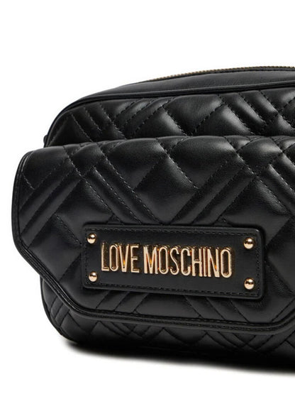 Black Faux Leather Shoulder Bag with Gold Accents