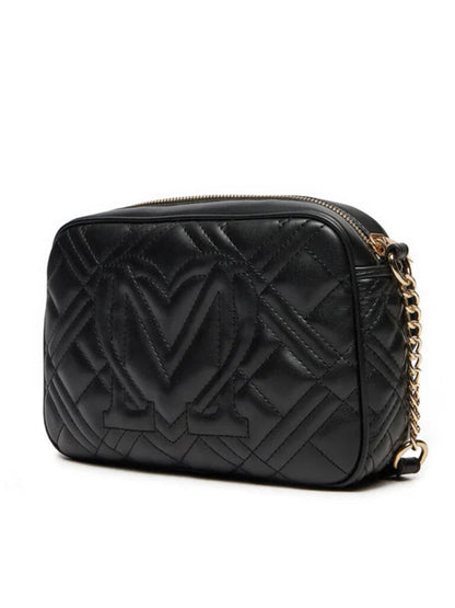 Black Faux Leather Shoulder Bag with Gold Accents
