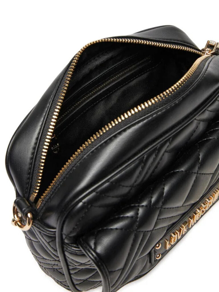 Black Faux Leather Shoulder Bag with Gold Accents