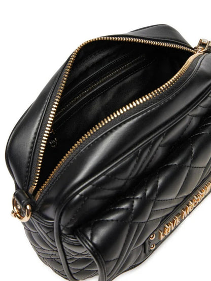 Black Faux Leather Shoulder Bag with Gold Accents