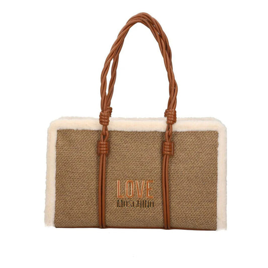 Beige Textured Tote Bag with Braided Handles