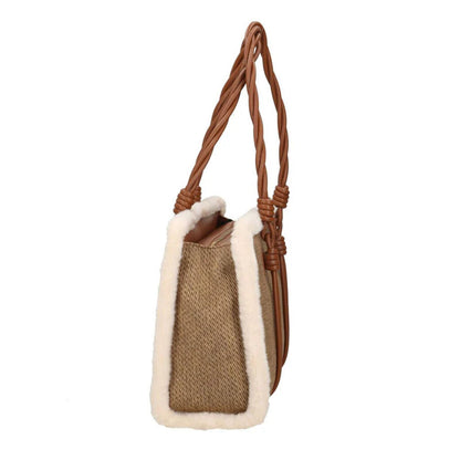 Beige Textured Tote Bag with Braided Handles