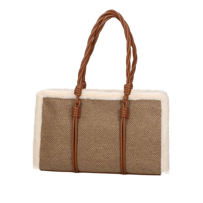 Beige Textured Tote Bag with Braided Handles
