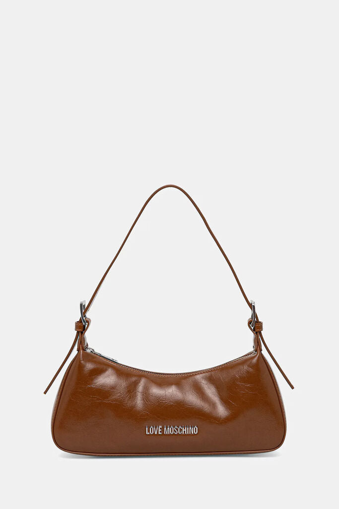 Brown Glossy Shoulder Bag with Logo Detail