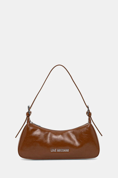 Brown Glossy Shoulder Bag with Logo Detail