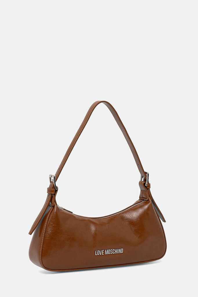 Brown Glossy Shoulder Bag with Logo Detail