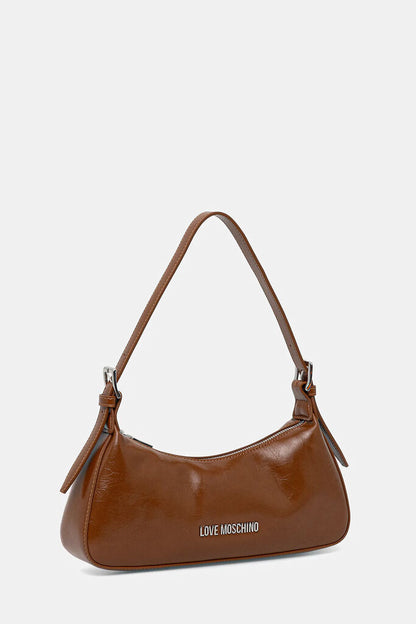 Brown Glossy Shoulder Bag with Logo Detail