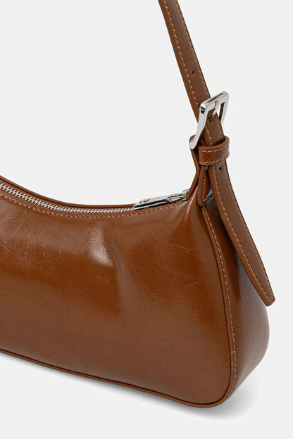 Brown Glossy Shoulder Bag with Logo Detail