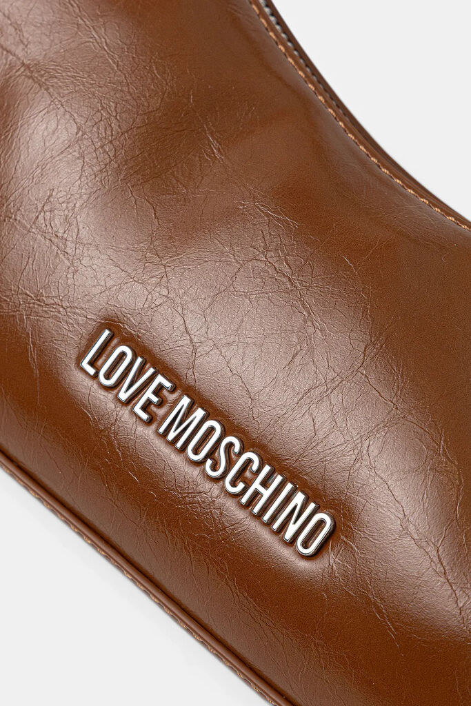 Brown Glossy Shoulder Bag with Logo Detail