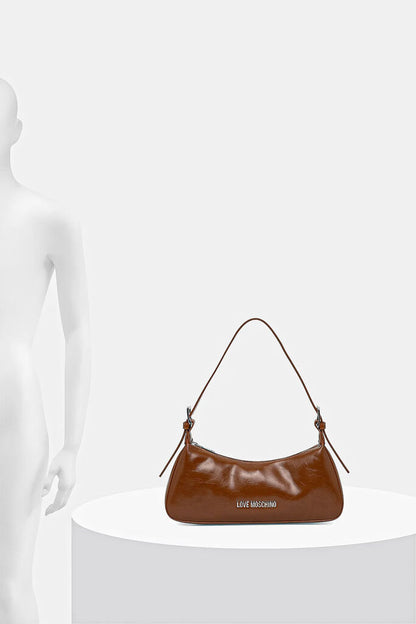 Brown Glossy Shoulder Bag with Logo Detail