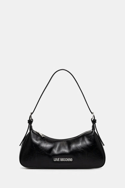 Black Faux Leather Shoulder Bag with Logo Embellishment