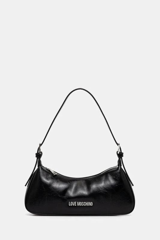 Black Faux Leather Shoulder Bag with Logo Embellishment