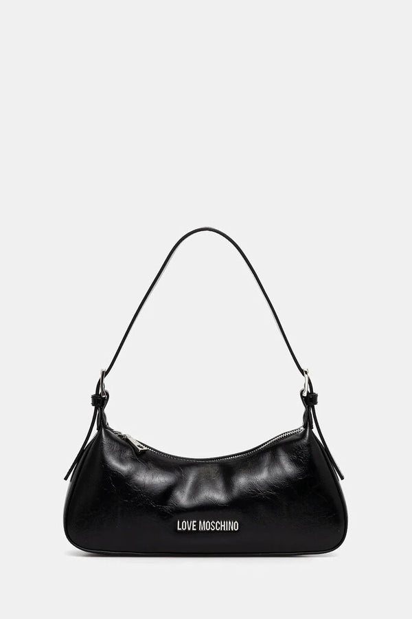 Black Faux Leather Shoulder Bag with Logo Embellishment