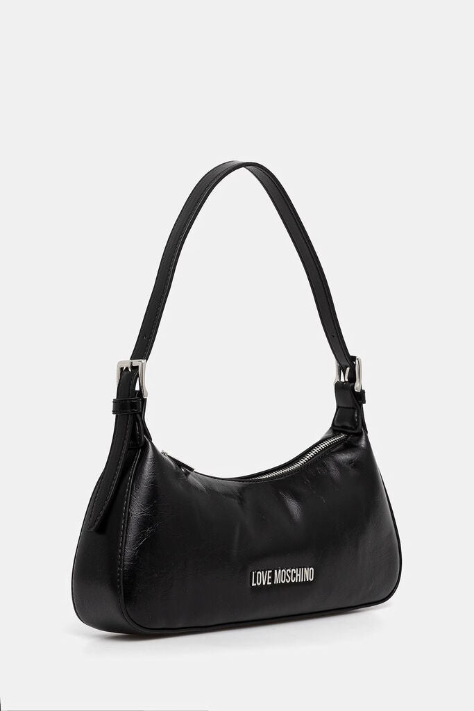 Black Faux Leather Shoulder Bag with Logo Embellishment